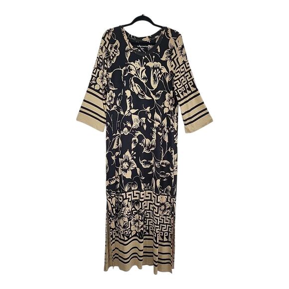 Soft Surroundings Asteria Maxi Dress Large Black Tan Floral Boho Jersey Knit - Picture 1 of 10